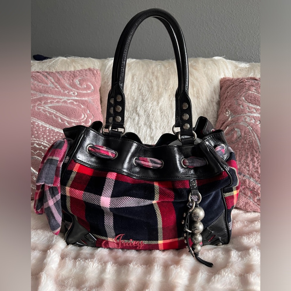 Rare Vintage Plaid Juicy Couture Daydreamer Velour with Black Leather Trim